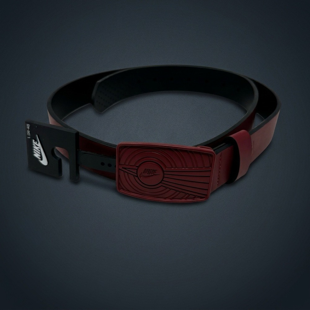 Nike Mens Synthetic Leather Belt Burgundy Black Plaque Buckle Size L 38-40